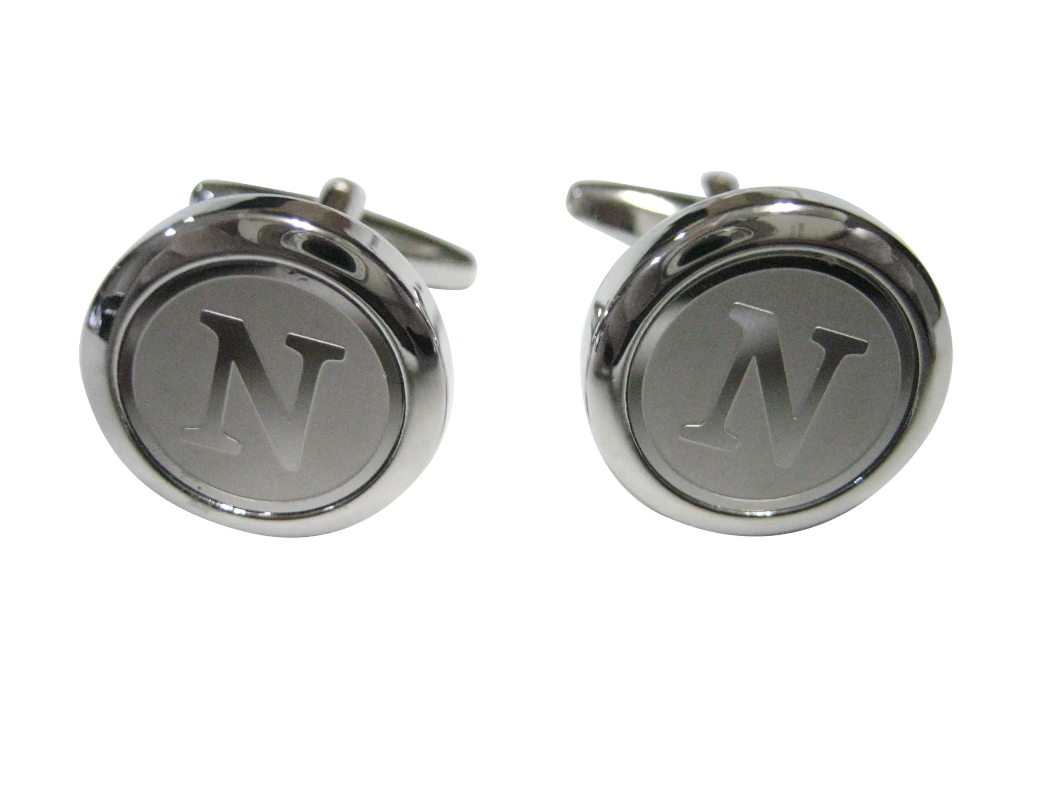 Silver Toned Round Letter N Monogram Cufflinks