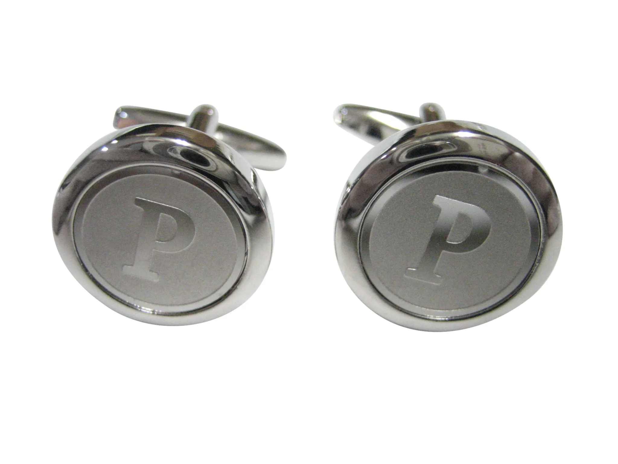 Silver Toned Round Letter P Monogram Cufflinks