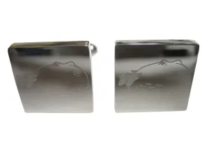 Silver Toned Square Etched Blowfish Fugu Puffer Fish Cufflinks