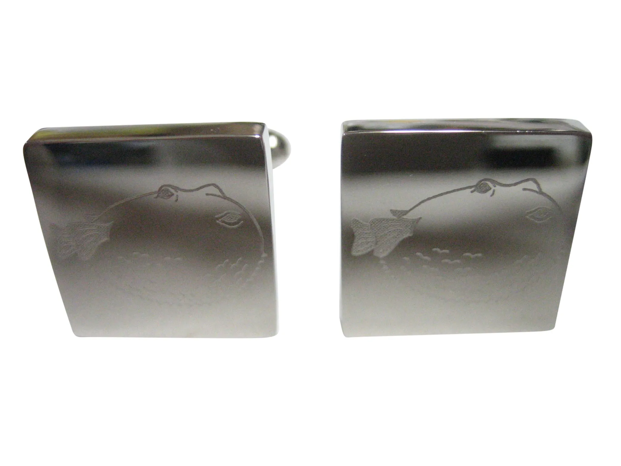 Silver Toned Square Etched Blowfish Fugu Puffer Fish Cufflinks