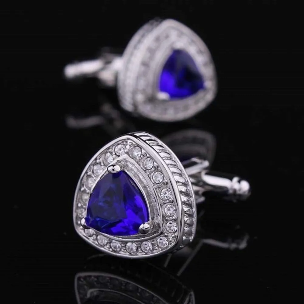 Silver with Light Blue Stone Mens Stainless Steel Triangle Cufflinks for Shirt with Box - Hand