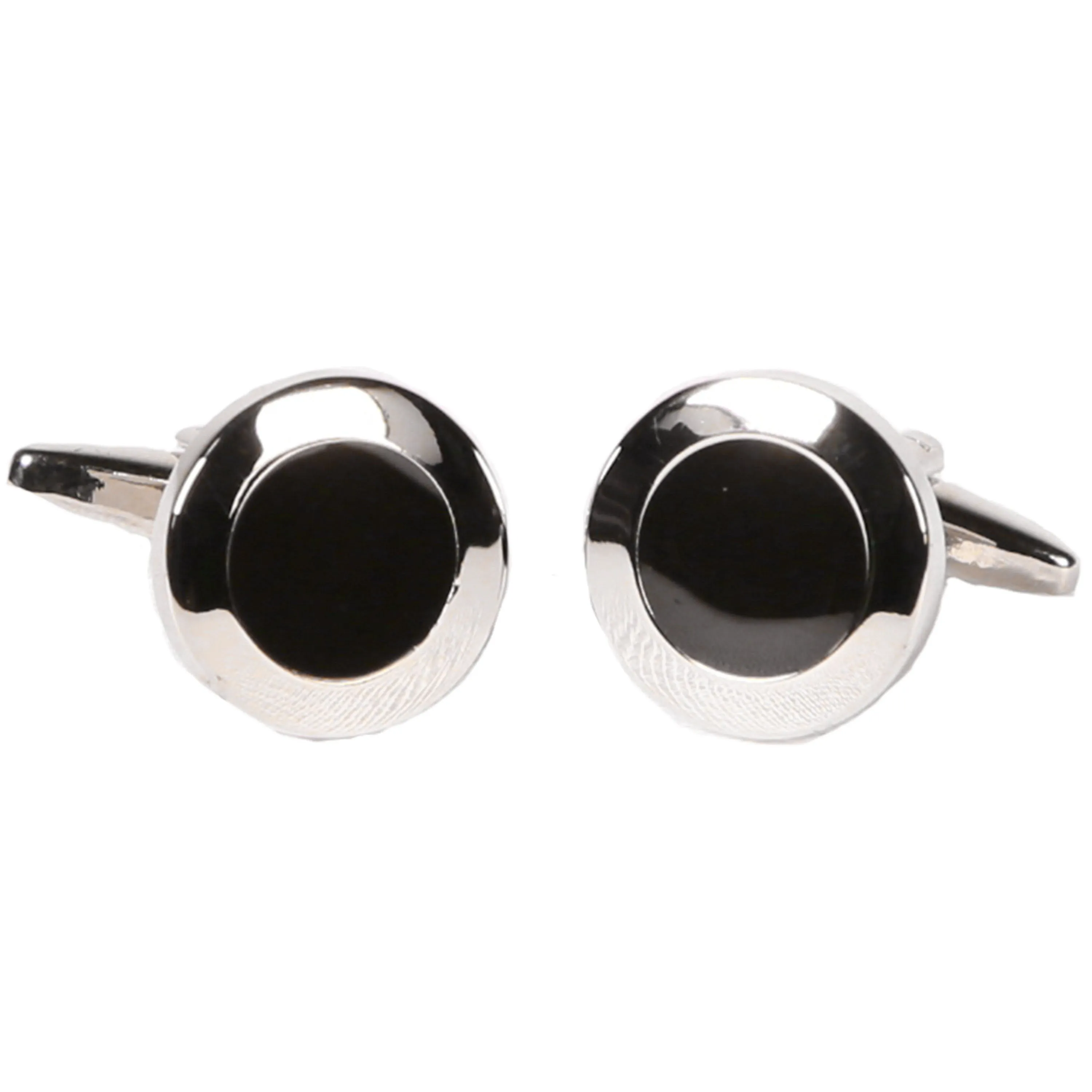 Silvertone Circle Black Silver Cufflinks with Jewelry Box
