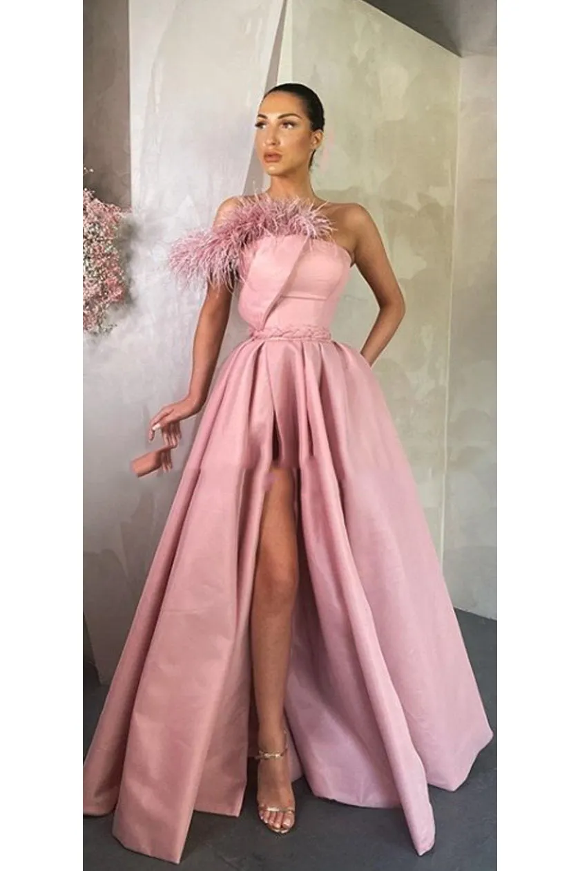 Simple Prom Dress Straight Side Slit Satin A-Line Long Prom Dresses Evening Dresses OHC599