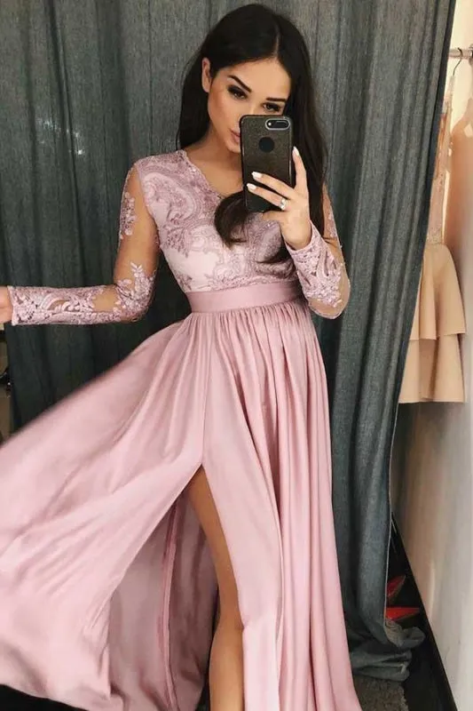 Simple V Neck Prom Long Sleeves Pink Split Evening Dress with Lace