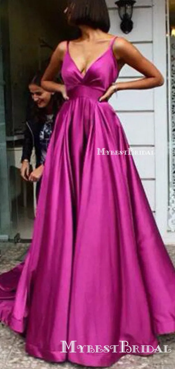Simple V-neck Spaghetti Strap Hot Pink Satin A-line Long Cheap Prom Dresses, PDS0073