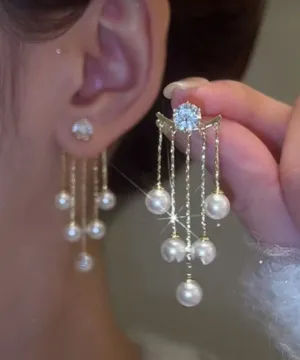 Skinny White Alloy Zircon Pearl Tassel Drop Earrings TX012