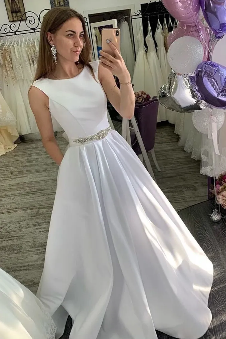 Sleeveless A-line Satin Wedding Dress with Pockets