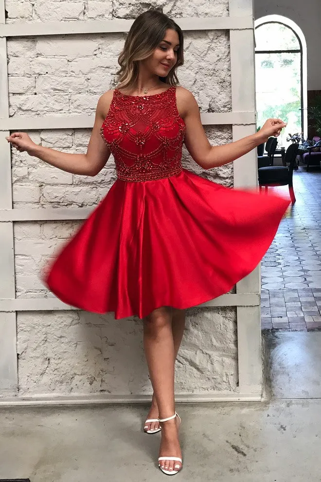Sleeveless Bead Red Homecoming Dress Satin Skirt vestido de fiesta