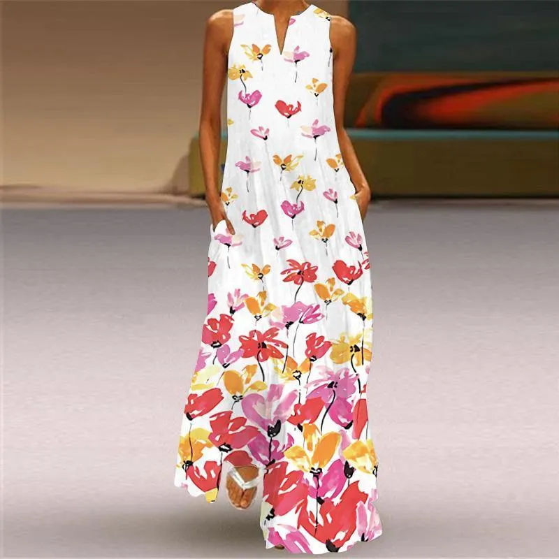 Sleeveless Floral Print Summer Long Dresses