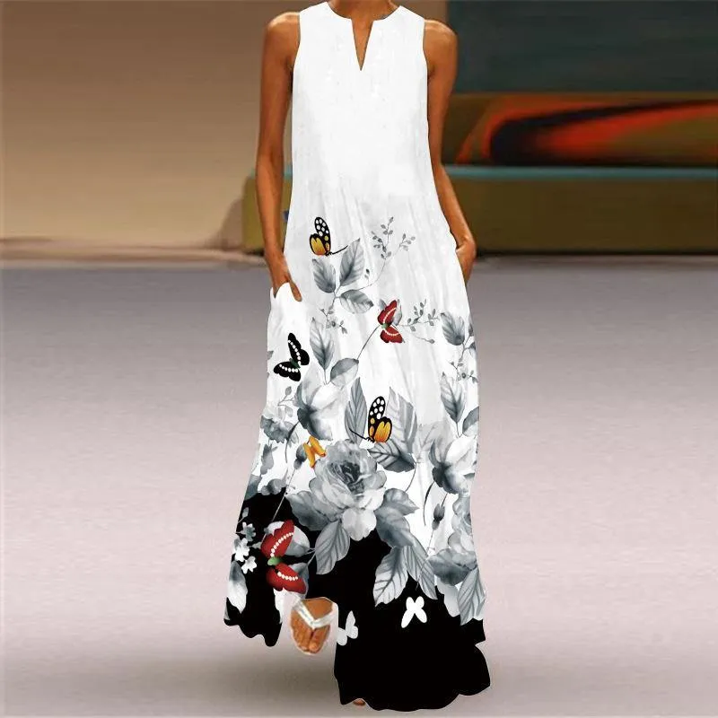 Sleeveless Floral Print Summer Long Dresses