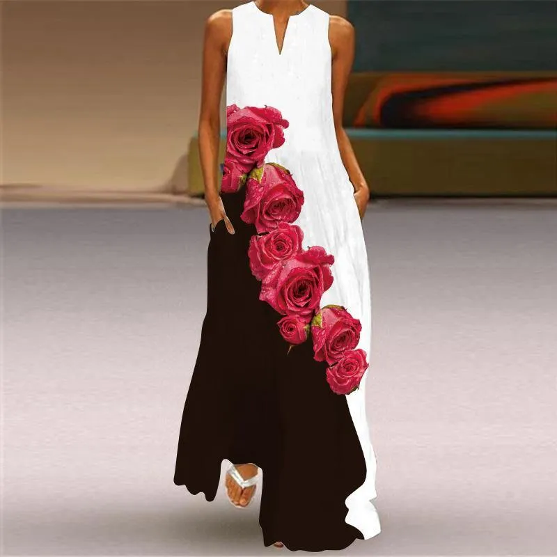Sleeveless Floral Print Summer Long Dresses