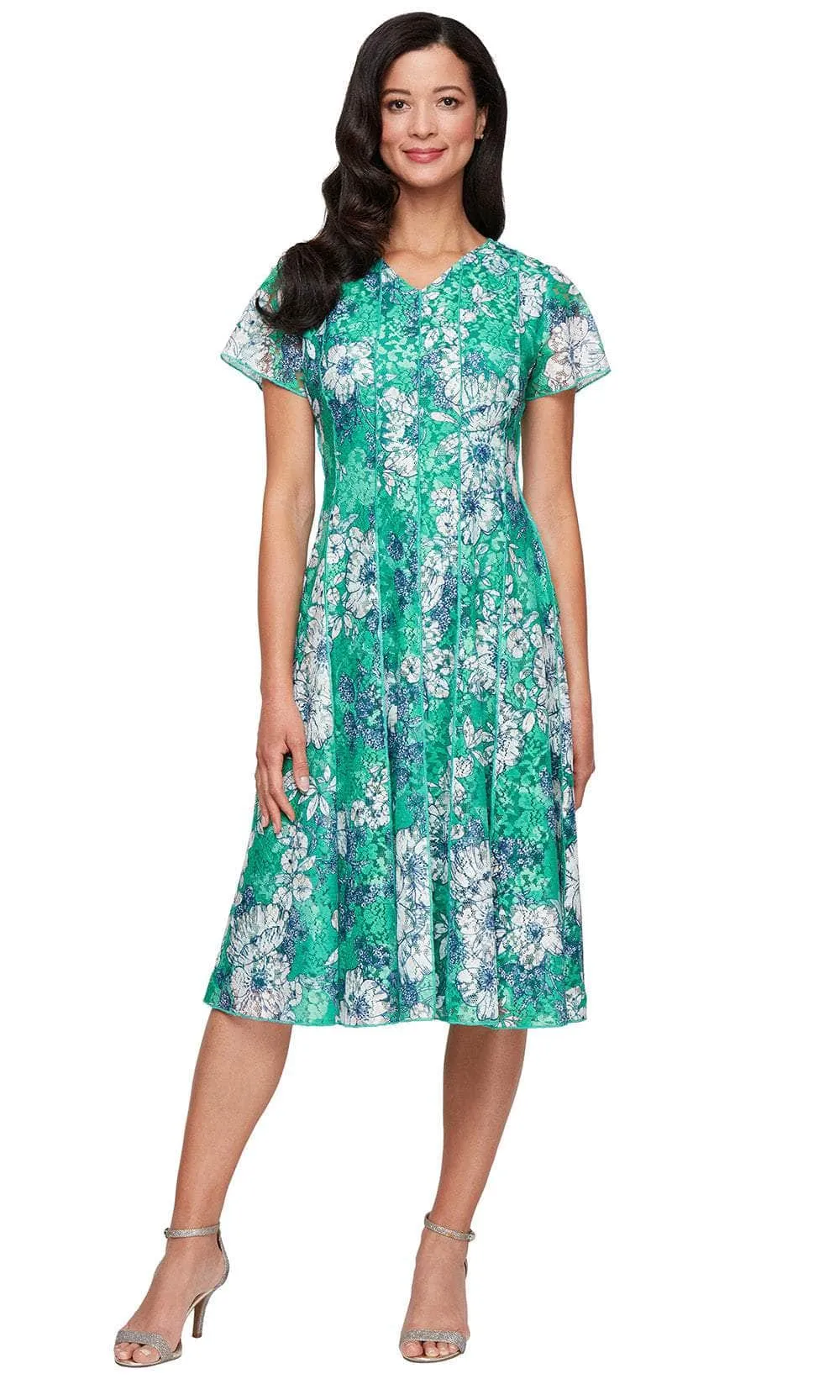 SLNY 9112198 - Tea-Length Printed Lace Dress