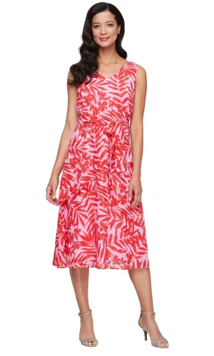 SLNY 9172109 - Tea-Length Floral Dress with Self-Tie Waist