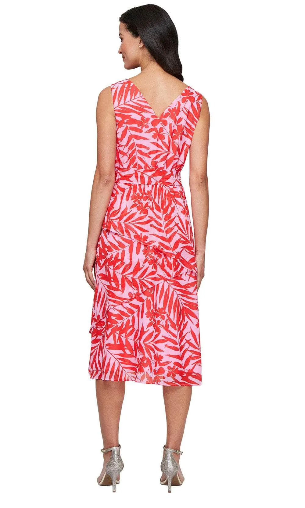 SLNY 9172109 - Tea-Length Floral Dress with Self-Tie Waist