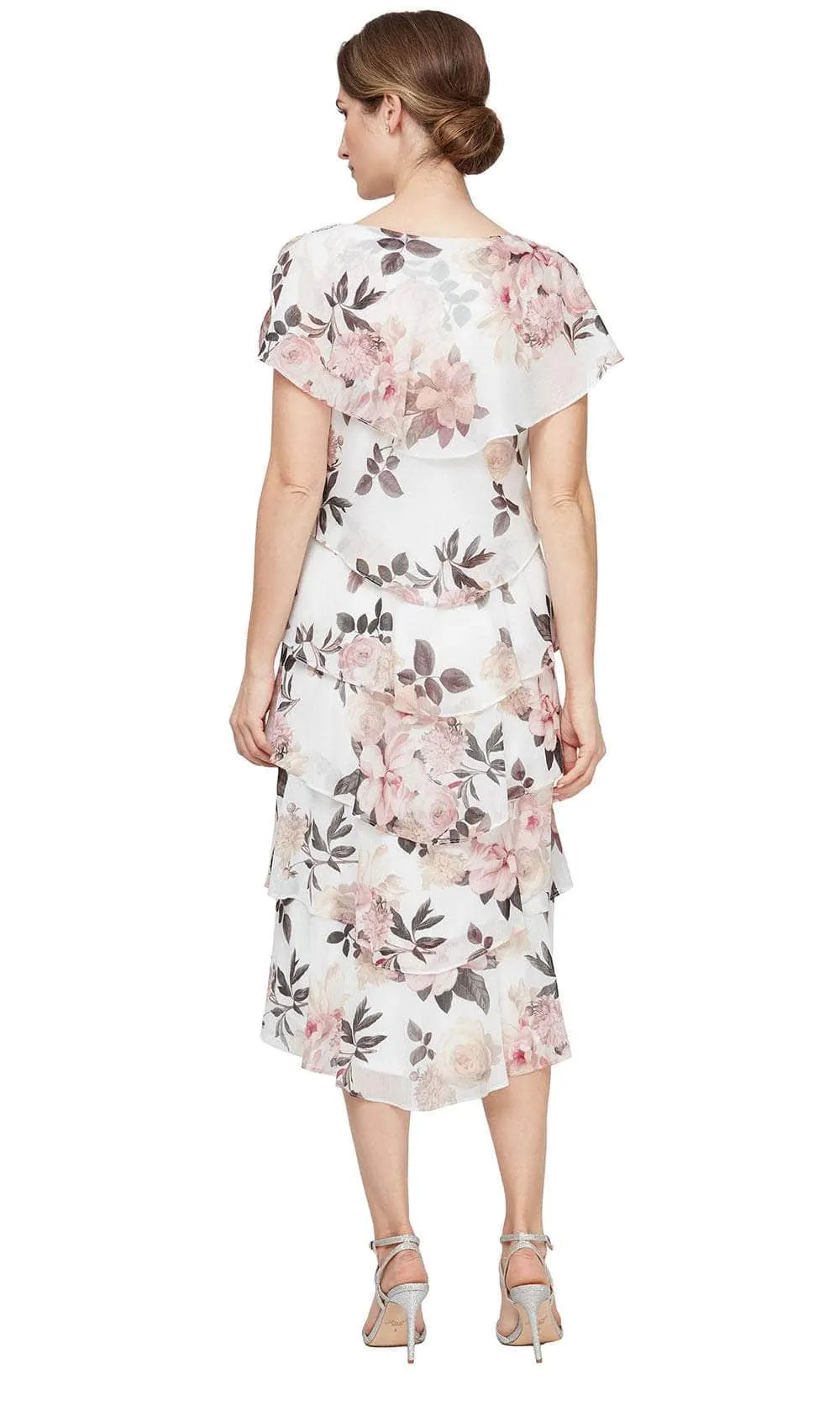 SLNY 9271803 - Romantic Floral Tiered Tea-Length Dress