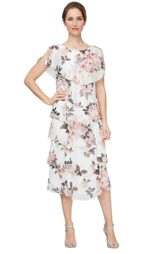 SLNY 9271803 - Romantic Floral Tiered Tea-Length Dress