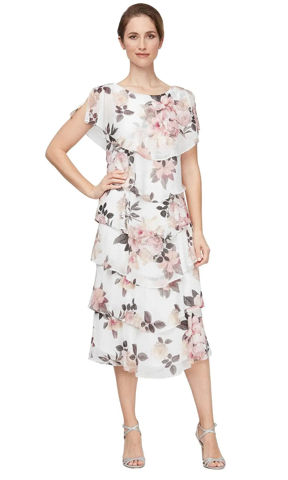 SLNY 9271803 - Romantic Floral Tiered Tea-Length Dress