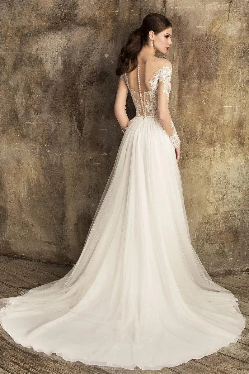Soft A-line Tulle Bridal Gown with Sheer Lace Sleeves