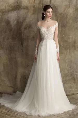 Soft A-line Tulle Bridal Gown with Sheer Lace Sleeves