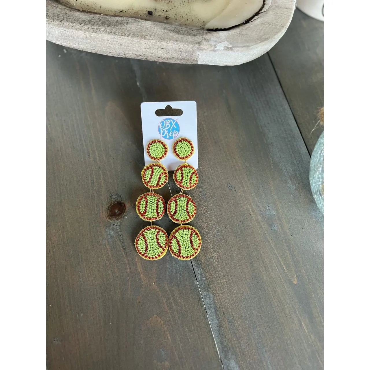 Softball Triple Seed Beaded Dangle Earrings.