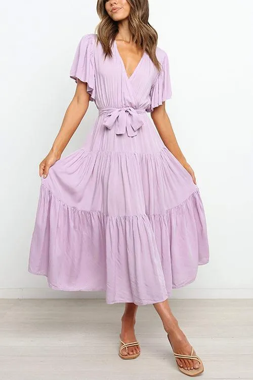 Solid Ruffles Belted Maxi Dress
