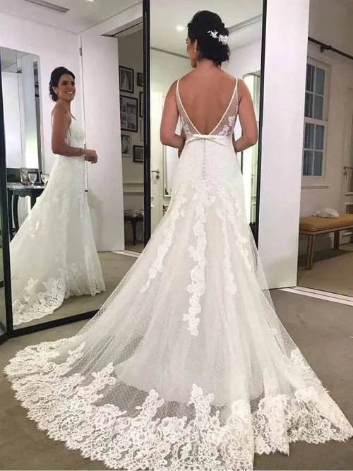 Spaghetti Strap Printed Backless Lace Beach Wedding Dresses with Sash,MW341