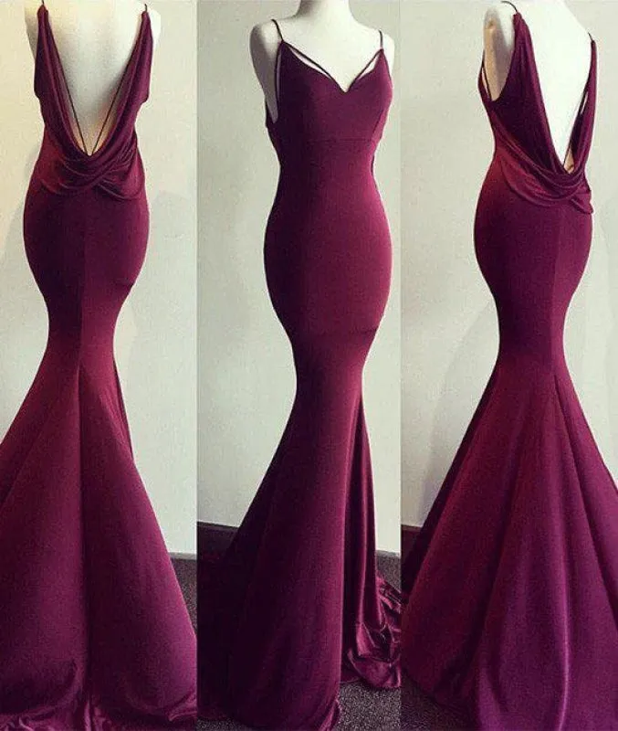 Spaghetti Straps Mermaid V-neck Sleeveless Prom Sexy Backless Evening Dress