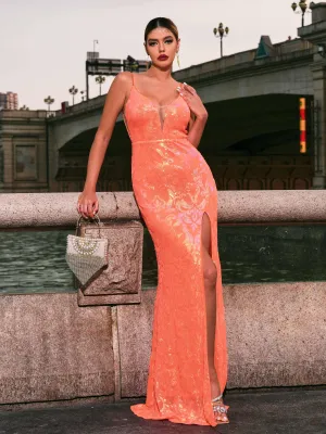 Spaghetti Straps Split Sequin Maxi Dress RJ11793