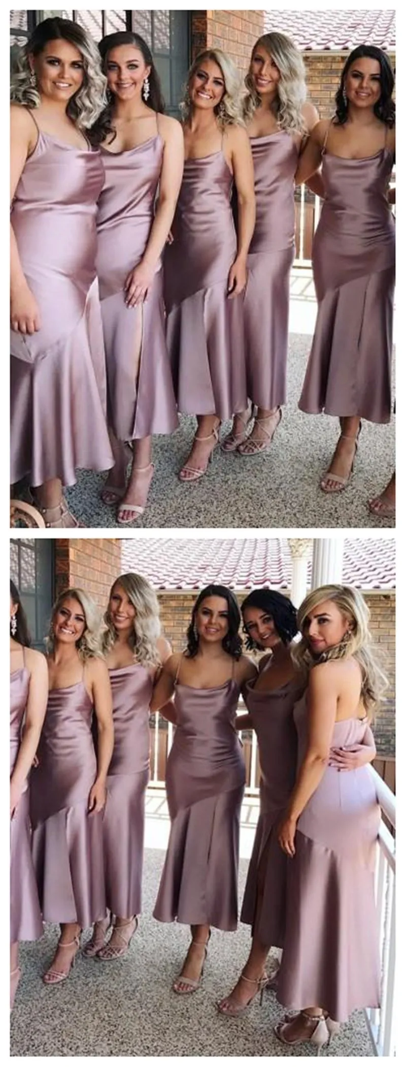 Spahgetti Straps Dusty Purple Tea Length Cheap Custom Bridesmaid Dresses Online, WGY0310