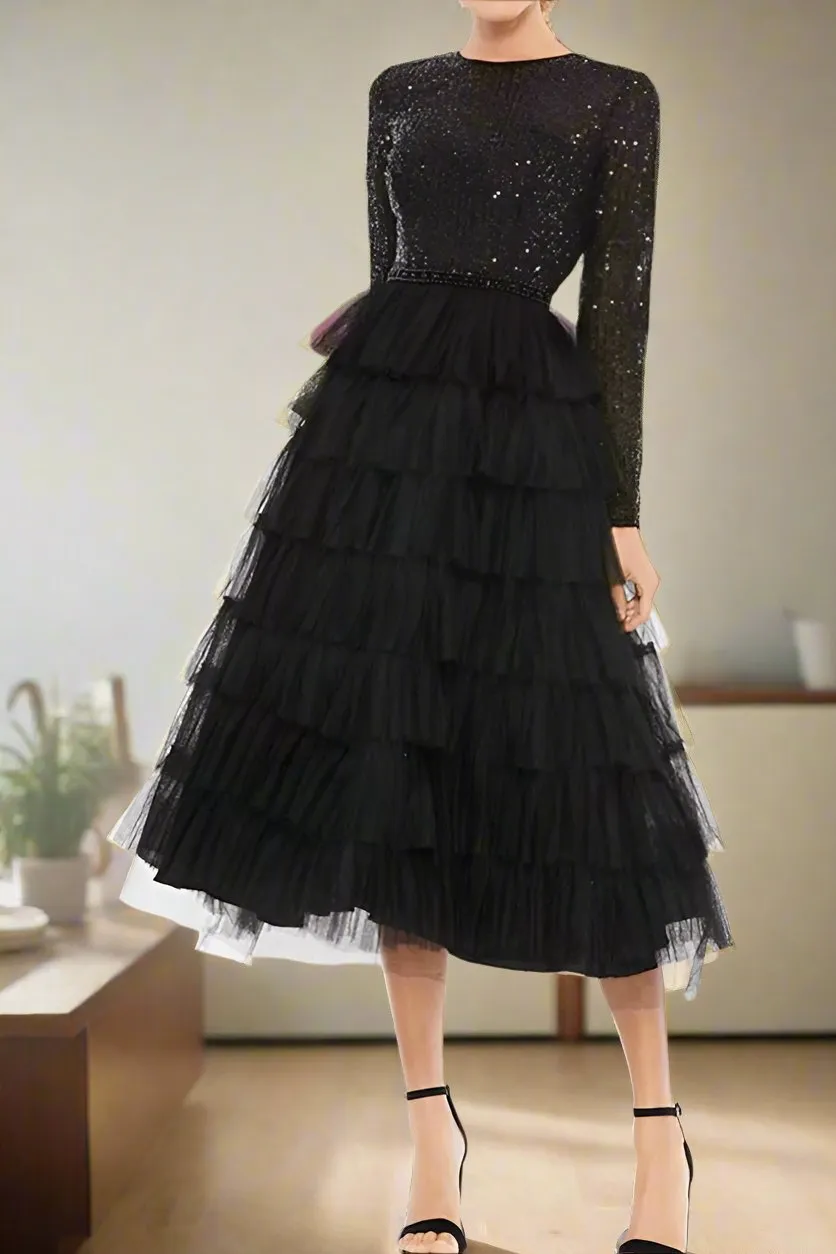 Sparkly Tiered Long Sleeve Tea Length Mother of The Bride Dresses