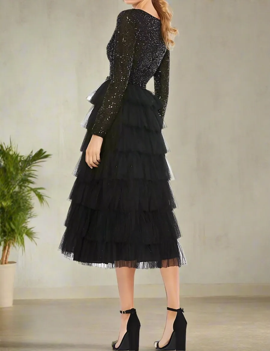 Sparkly Tiered Long Sleeve Tea Length Mother of The Bride Dresses