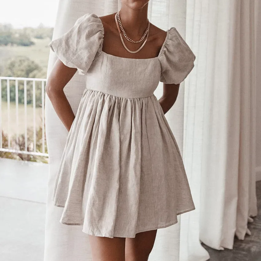 Square Collar Lantern Bubbles Sleeve Skater Party Mini Dresses