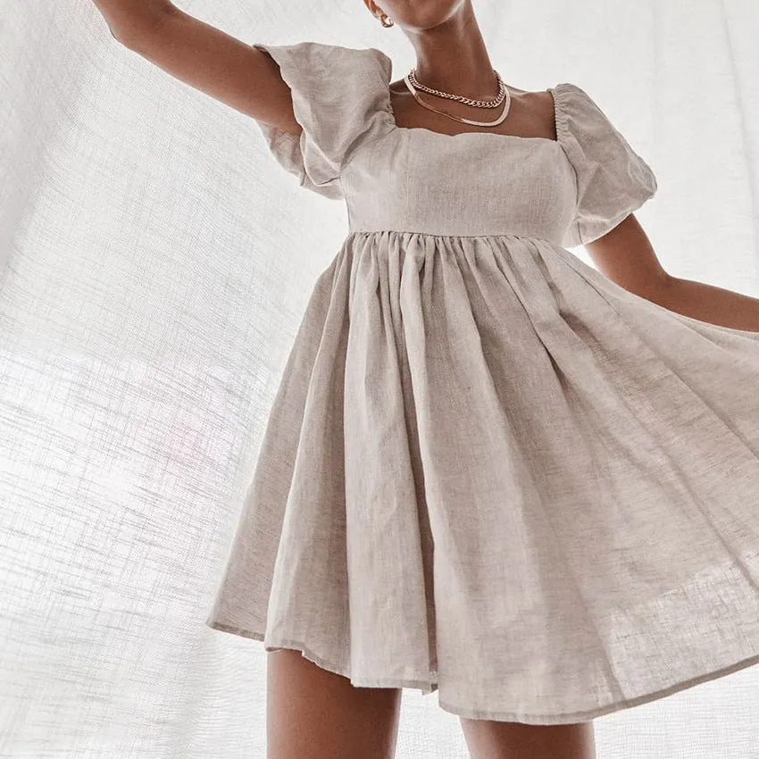 Square Collar Lantern Bubbles Sleeve Skater Party Mini Dresses