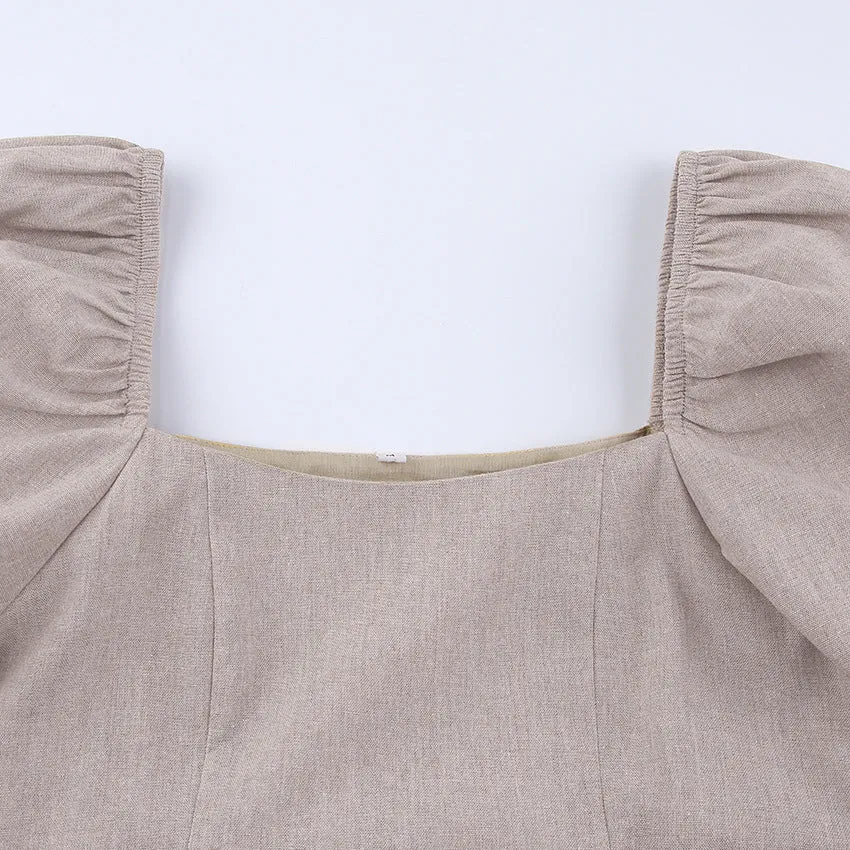 Square Collar Lantern Bubbles Sleeve Skater Party Mini Dresses