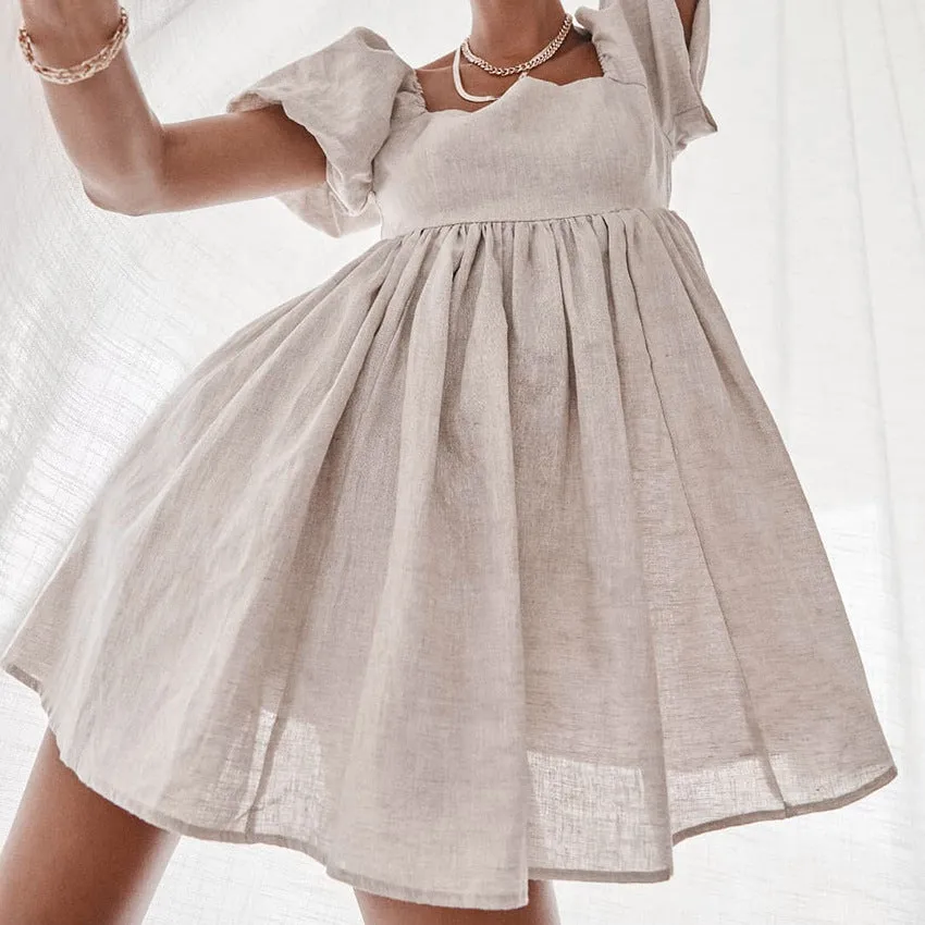 Square Collar Lantern Bubbles Sleeve Skater Party Mini Dresses