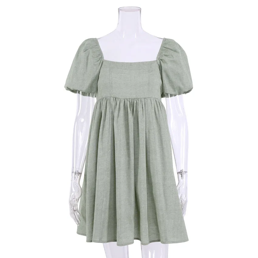 Square Collar Lantern Bubbles Sleeve Skater Party Mini Dresses