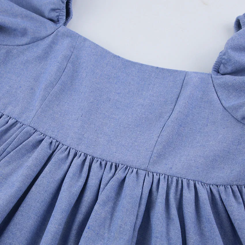 Square Collar Lantern Bubbles Sleeve Skater Party Mini Dresses