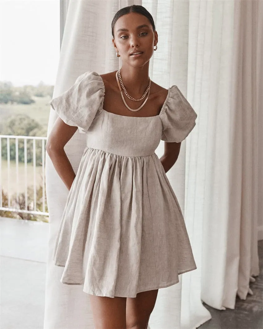 Square Collar Lantern Bubbles Sleeve Skater Party Mini Dresses