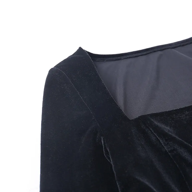 Square Collar Velvet Slit Leg Party Bodycon Mini Dresses Black