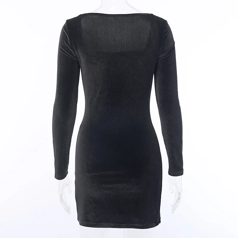Square Collar Velvet Slit Leg Party Bodycon Mini Dresses Black