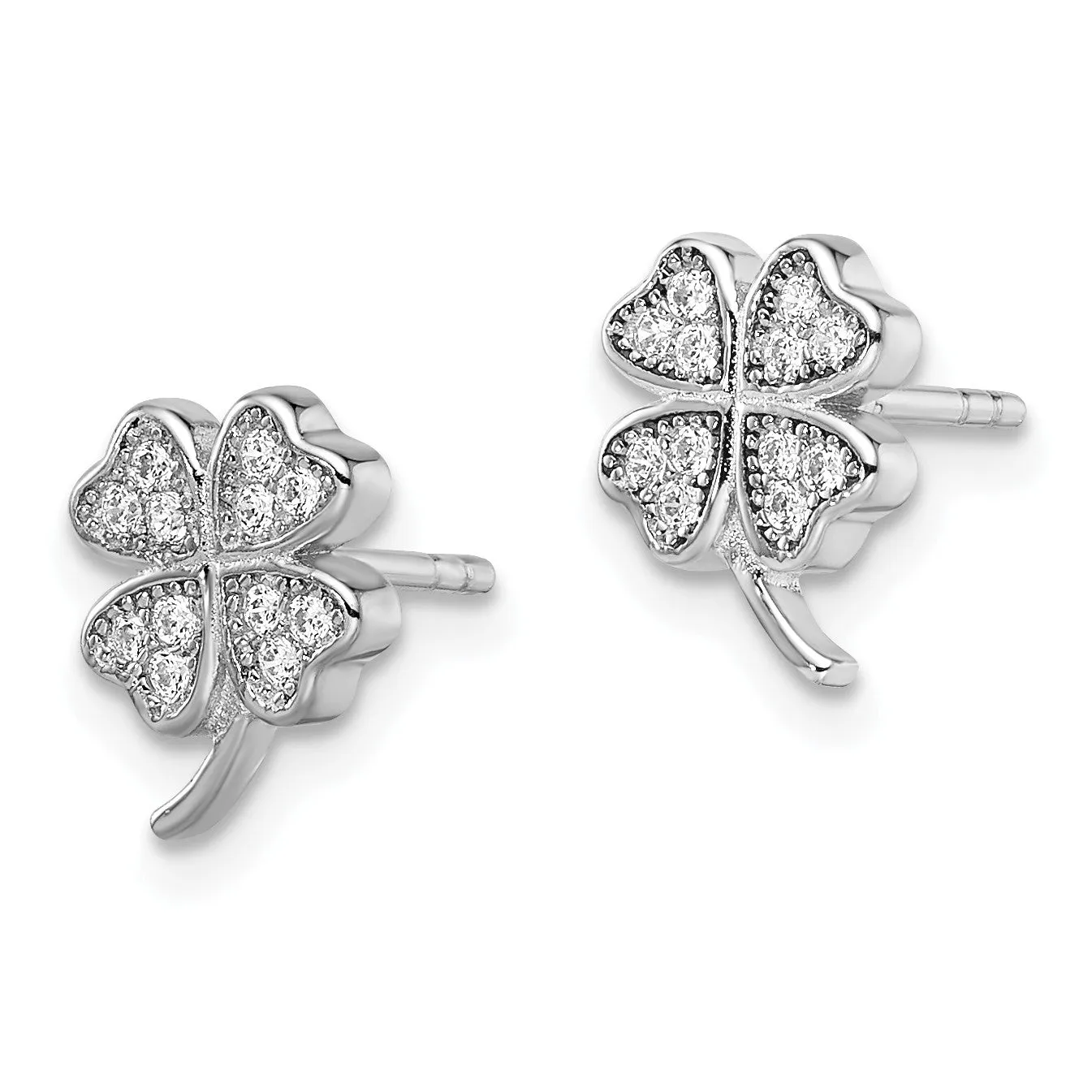 Sterling Silver Cubic Zirconia 10X7MM Stud 4-Leaf Clover Earrings