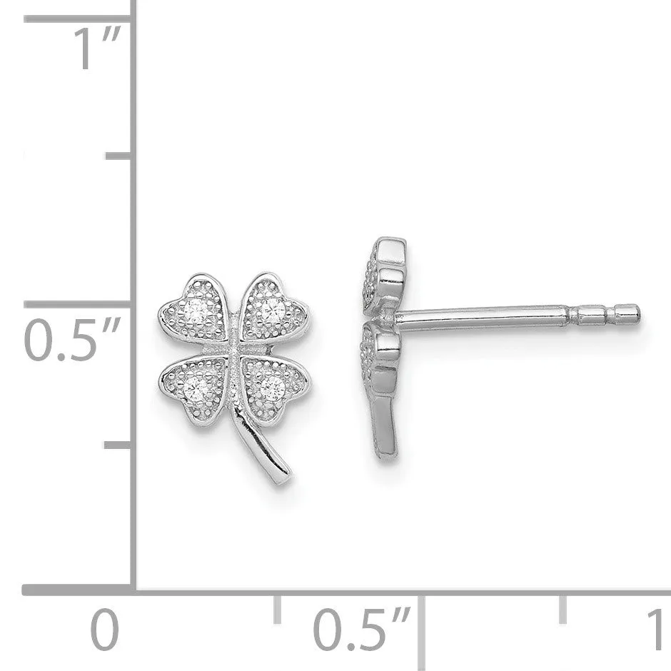 Sterling Silver Cubic Zirconia 10X7MM Stud 4-Leaf Clover Earrings