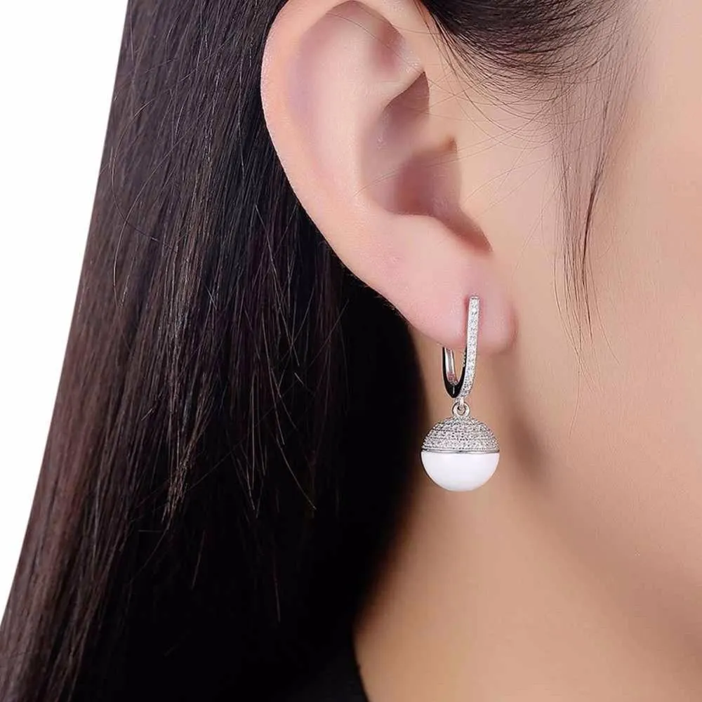 Sterling Silver Drop Earrings Zircon White Ball Ceramic Dangles Fine Jewelry Accessories Gift