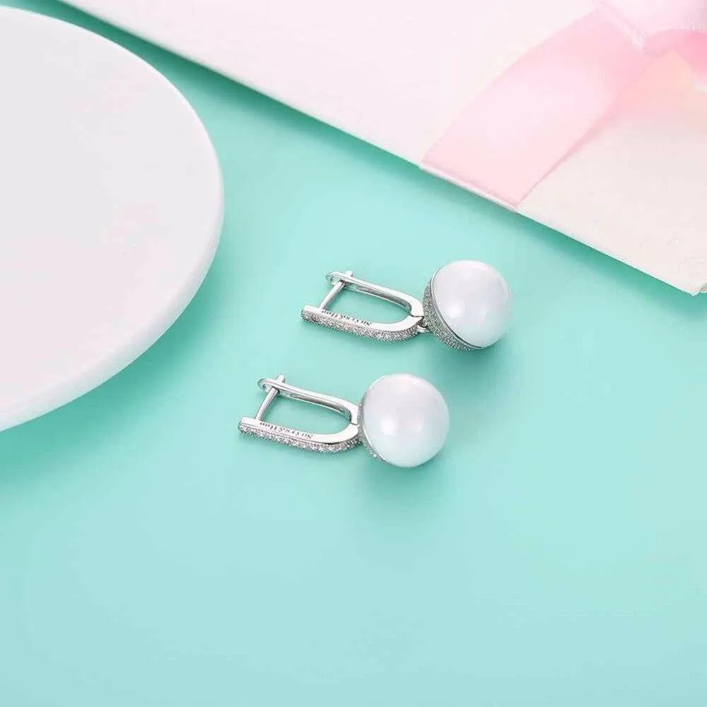 Sterling Silver Drop Earrings Zircon White Ball Ceramic Dangles Fine Jewelry Accessories Gift