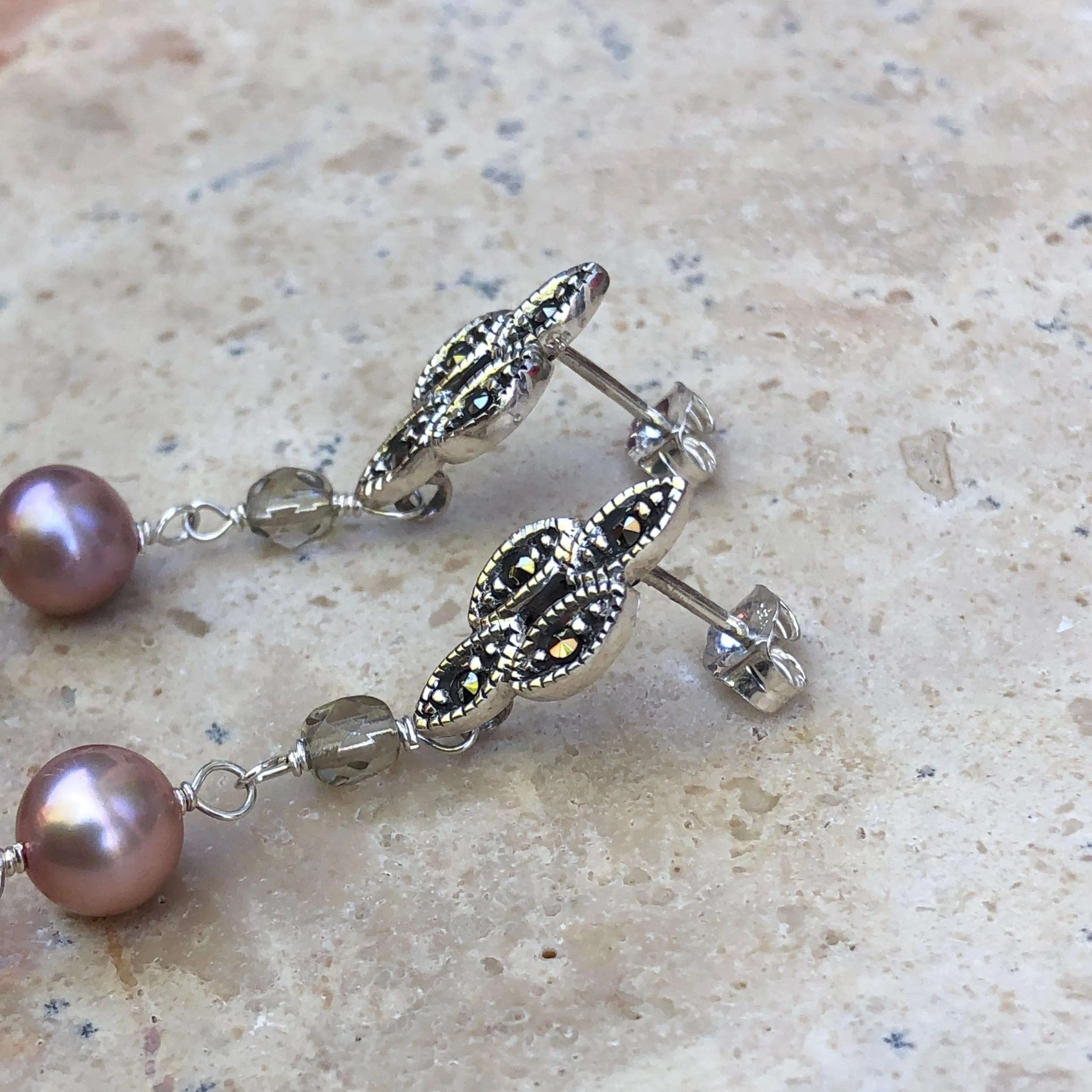 Sterling Silver Freshwater Cultured Cream Pearl   Glass Dangle Earrings
