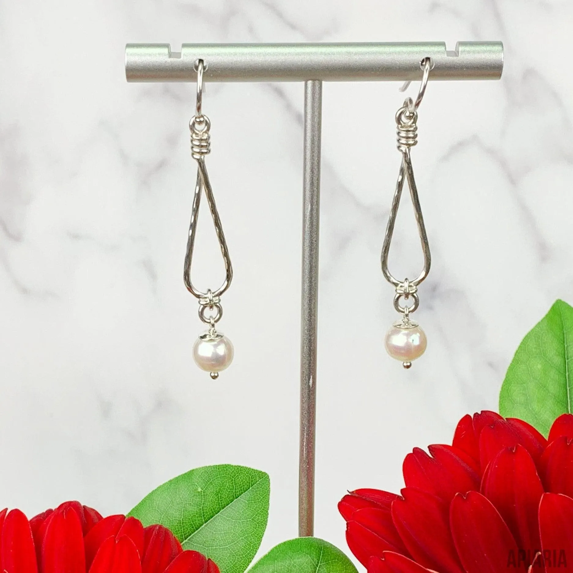 Sterling Silver Teardrop Dangle with Single Pearl Earrings