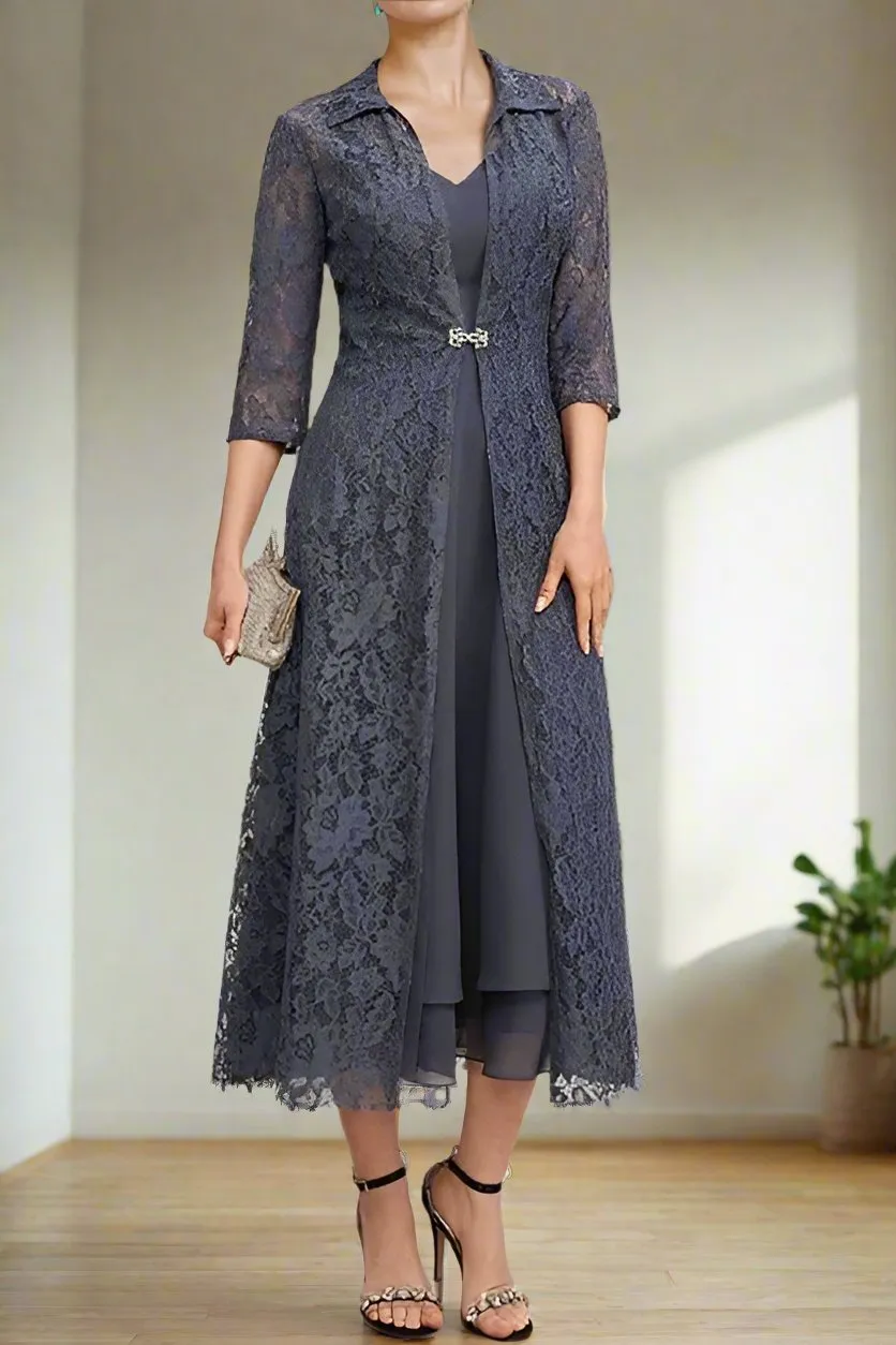 Stormy A-Line Tea Length Mother of the Bride Dress with Jacket