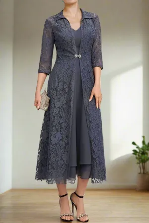 Stormy A-Line Tea Length Mother of the Bride Dress with Jacket