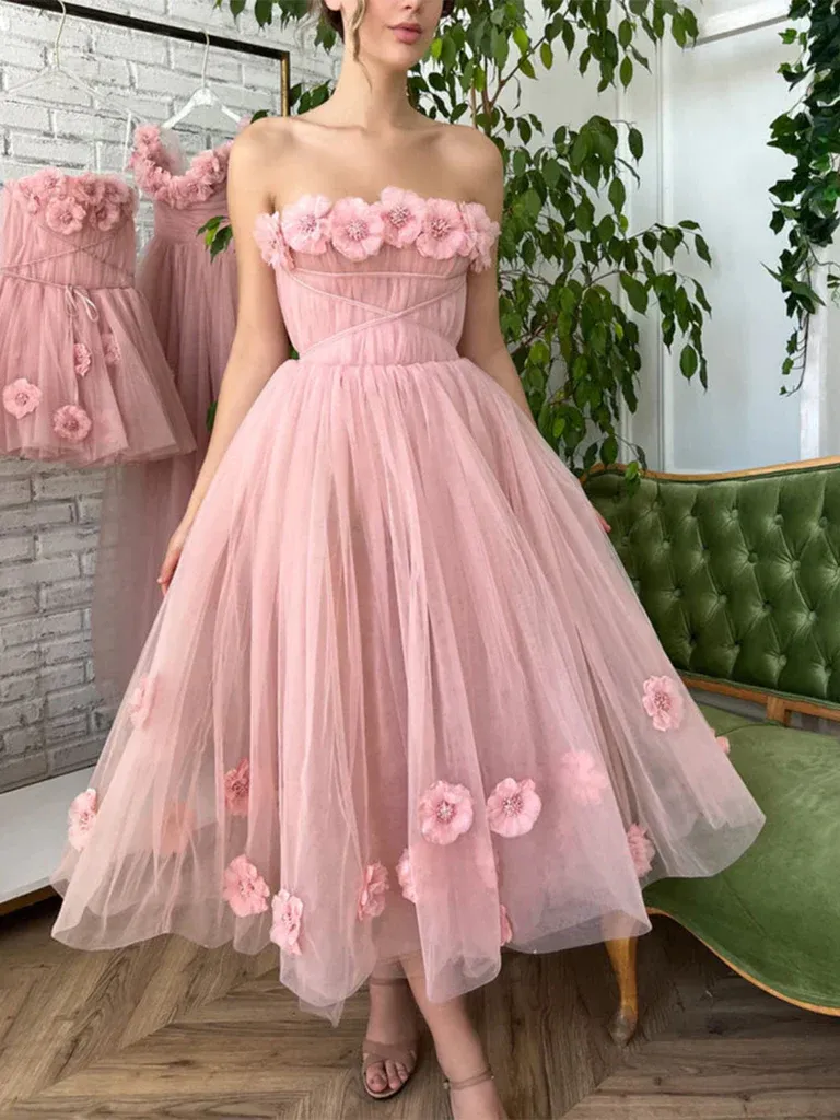 Strapless Pink Floral Tulle Tea Length Prom Dresses with 3D Flowers, Strapless Pink Floral Tea Length Formal Graduation Evening Homecoming Dresses