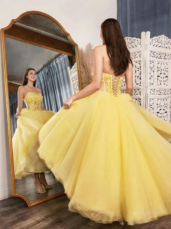 Strapless Yellow Lace Floral Tea Length Prom Dresses, Yellow Lace Formal Dresses, Tea Length Yellow Evening Dresses